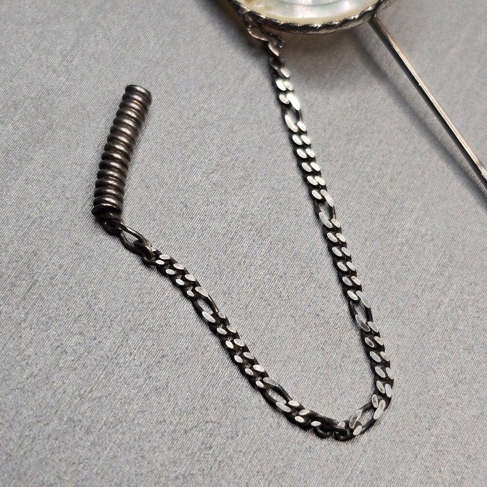 VTG Italian Sterling Silver MOP Stick Pin 3" Figaro Safety Chain - Picture 6 of 11
